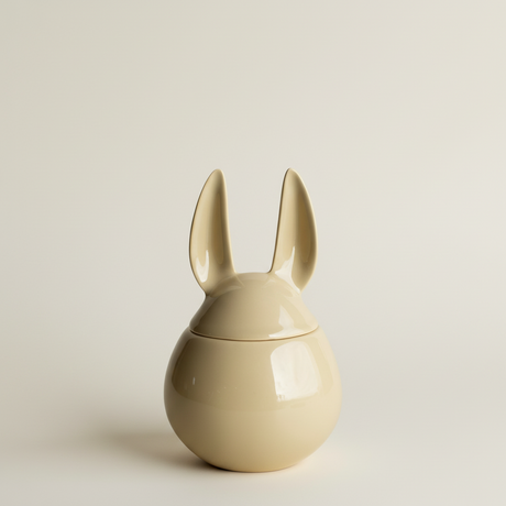 Gul keramikkkrukke med haremotiv og lokk 8,5 cm diameter food safe til kjøkken og bad.

