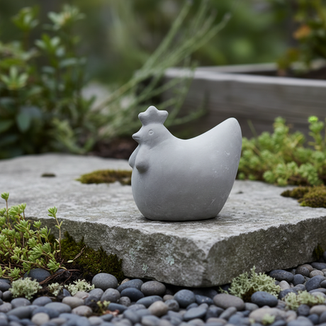 DBKD betonghøne liten dekorfigur i grå betong 14 cm høy for hage og uteplass.

