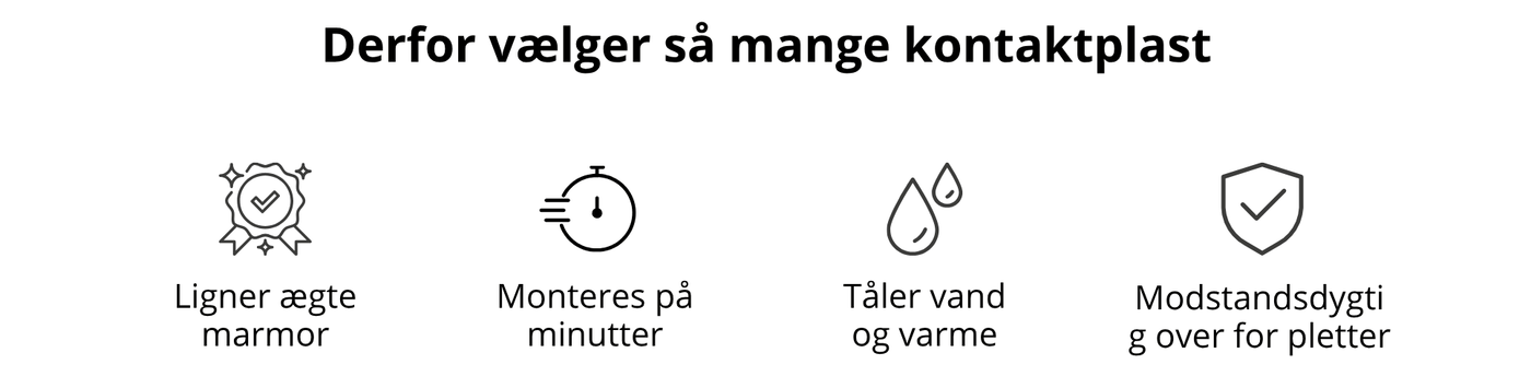 Fordele ved marmorkontaktplast: ligner ægte marmor, monteres på få minutter, tåler vand og varme samt er modstandsdygtig over for pletter.