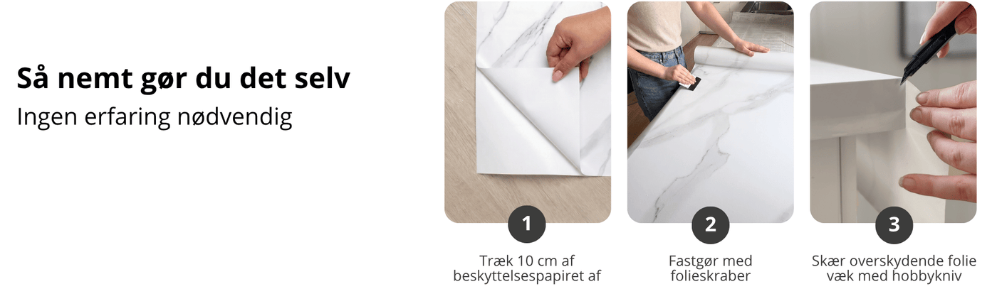 Trin-for-trin guide til montering af marmorkontaktplast på en køkkenbordplade – fjern beskyttelsespapiret, fastgør folien og skær overskydende materiale væk.