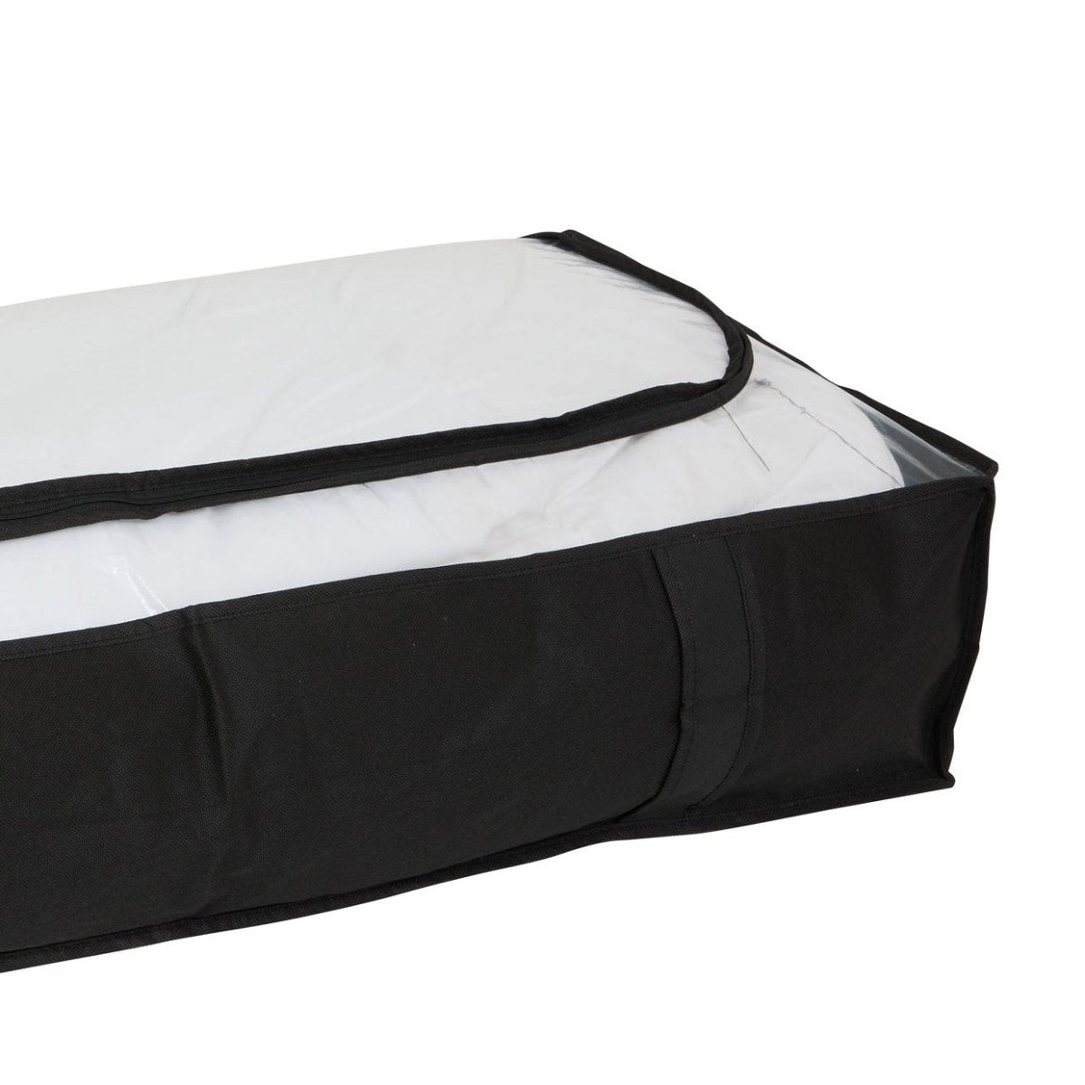 Svart oppbevaringspose til under sengen vist fra siden med transparent topp.