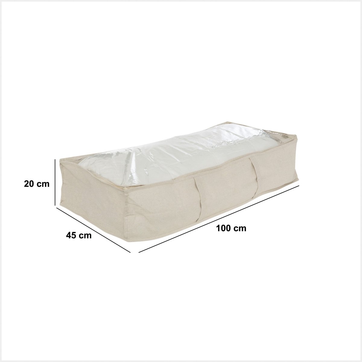 Beige oppbevaringsboks under seng med mål, 100 cm lang, 45 cm bred og 20 cm høy.