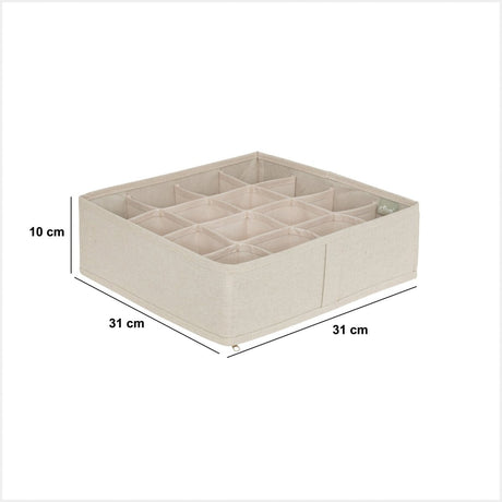 Beige skuffeorganiser med 16 rom, vist i perspektiv på hvit bakgrunn.