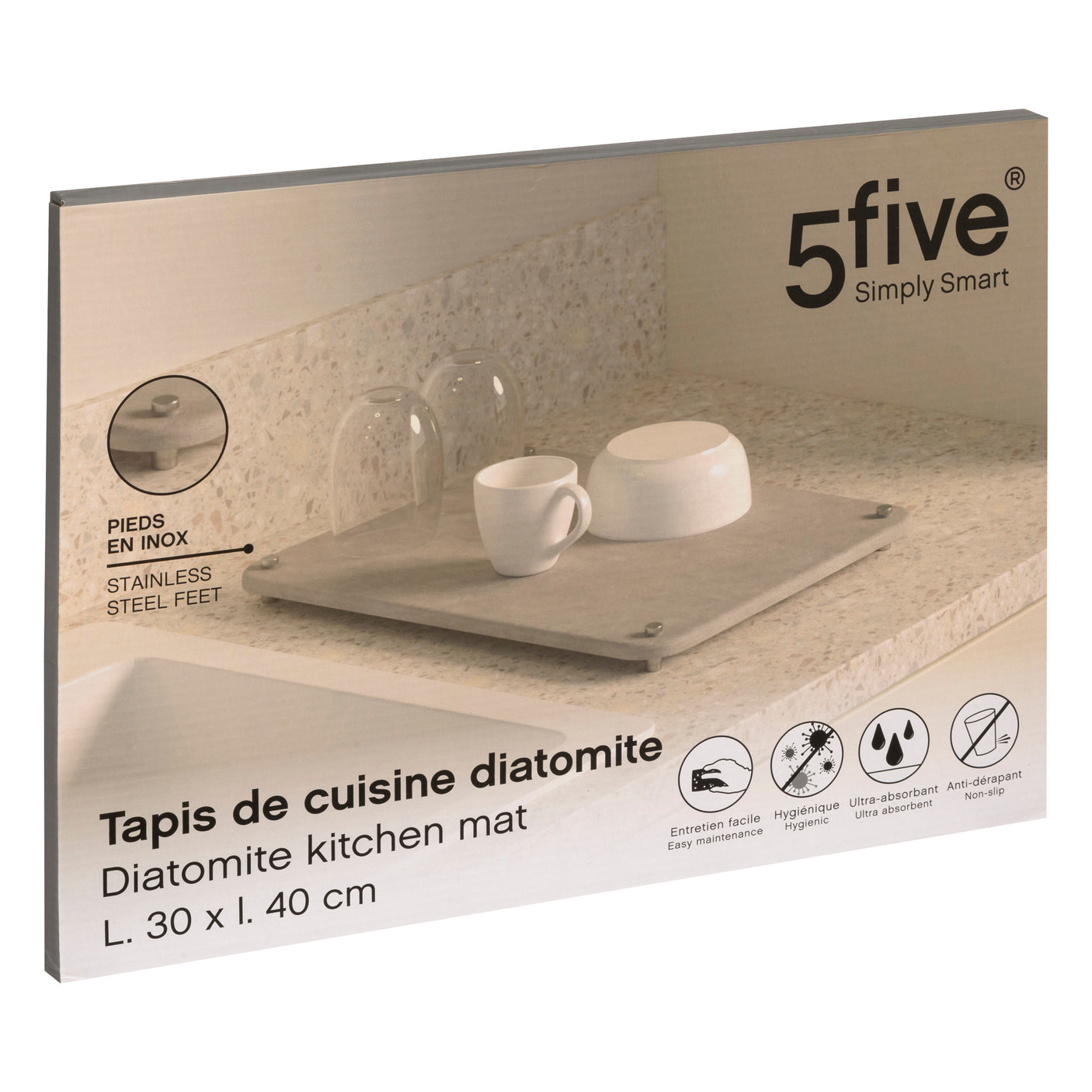 Grå oppvaskmatte i diatomitt fra 5Five Simply Smart i original emballasje.