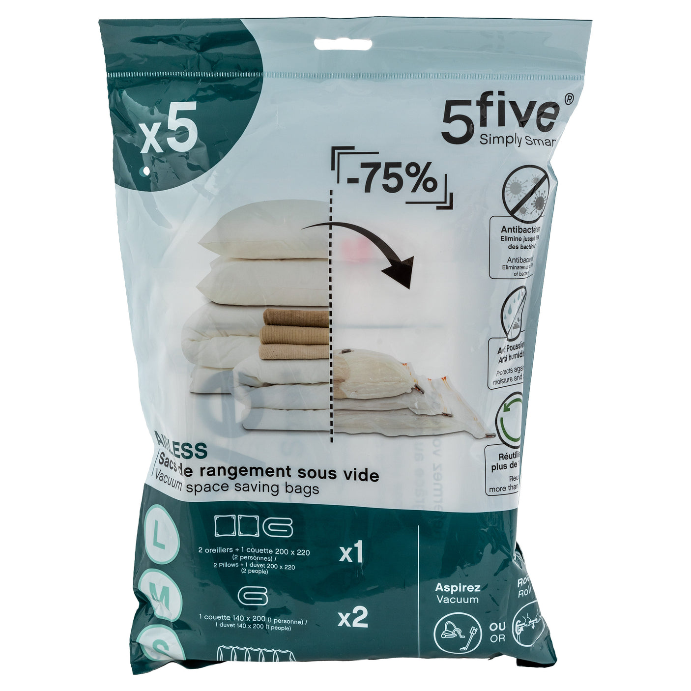 5 pk vakuumposer fra 5Five Simply Smart vist med komprimerte tekstiler for plassbesparende oppbevaring.