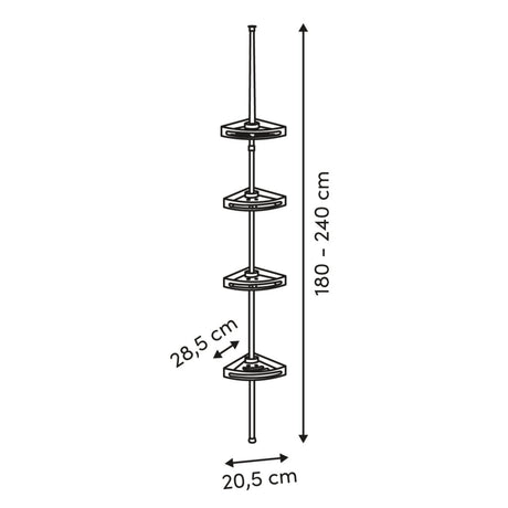 Måletegning af sort dusjhylle med højde på 180–240 cm, hyllebredde på 28,5 cm og fodbredde på 20,5 cm.