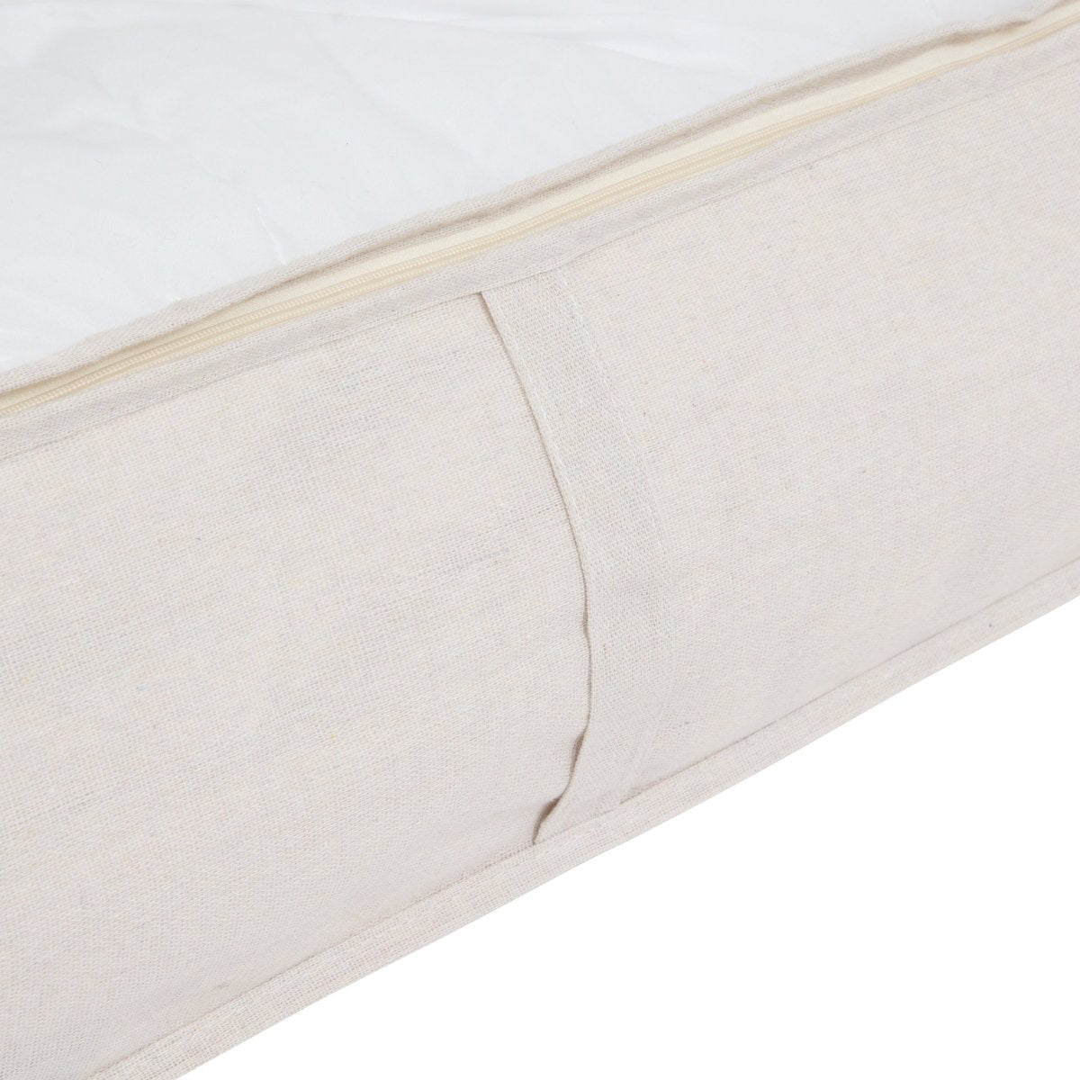 Beige oppbevaringsboks med transparent toppvindu for enkel oversikt over innholdet.