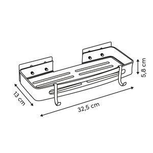 Måletegning af sort duschhylde med en længde på 32,5 cm, en dybde på 13 cm og en højde på 5,8 cm til montering med klæbepute.