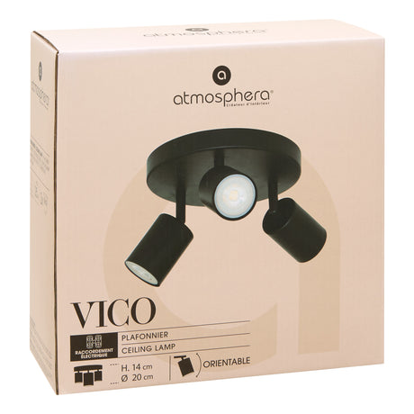 Sort Vico taklampe med tre spotter tent mot mørk bakgrunn