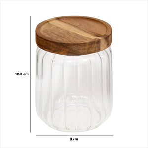Glasskrukke med akasielokk 500 ml vist med mål på hvit bakgrunn