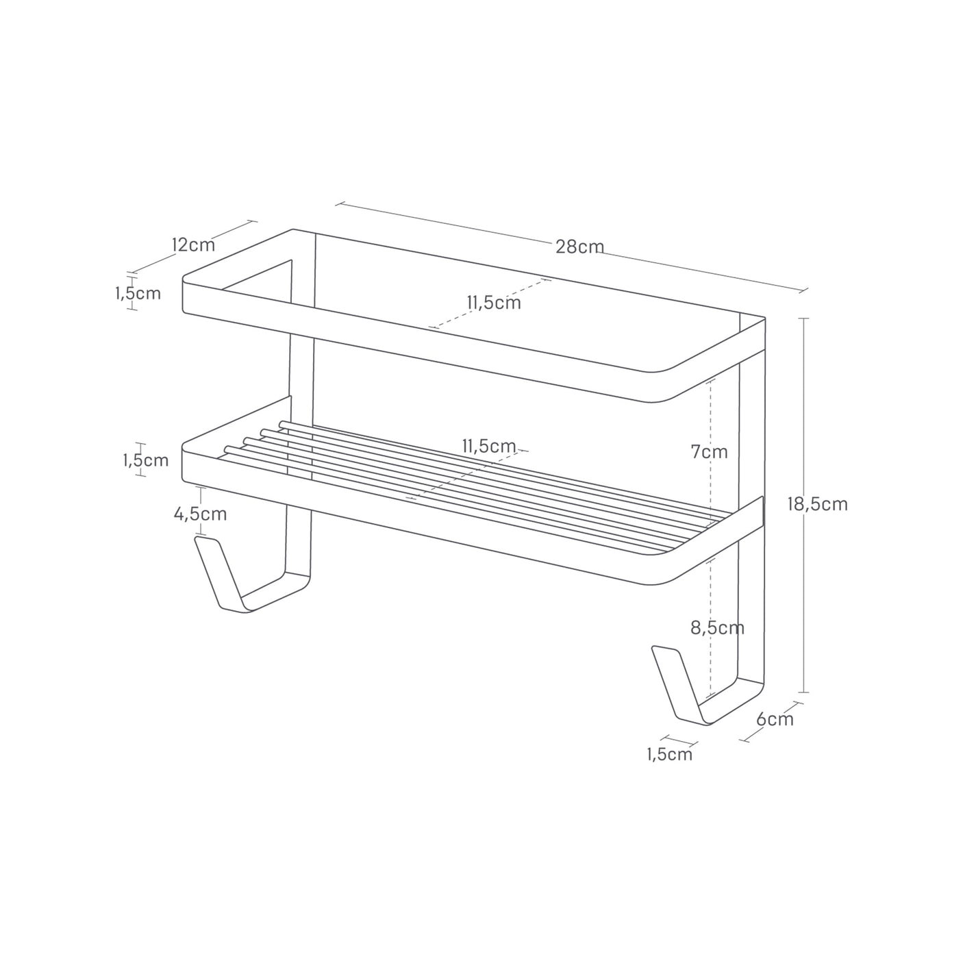 Hvit vaskeromshylle for vaskemiddel og småting på metallflate