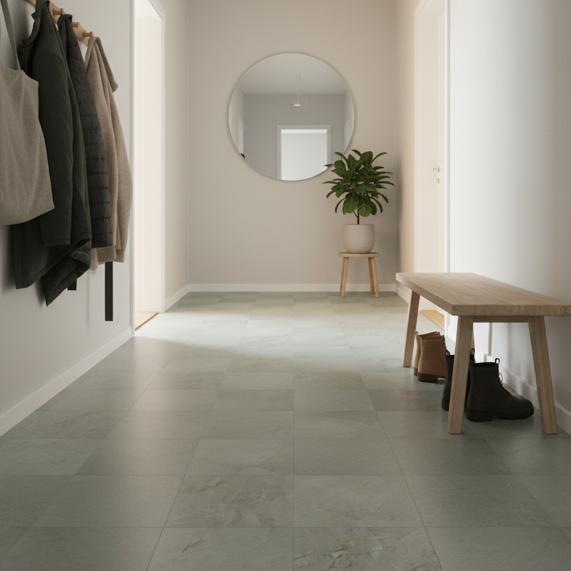 Nærbilde av grønn betongflis med naturlig struktur og matt finish