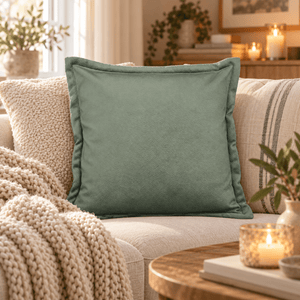 Grønt putetrekk i skinnlook 50 x 50 cm i lys sofa med strikket pledd og lun innredning