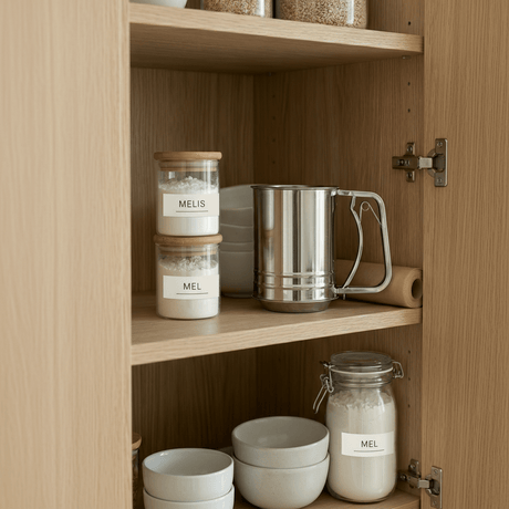 Melsikt i rustfritt stål oppbevart i åpen kjøkkenhylle sammen med kopper og glasskrukker.