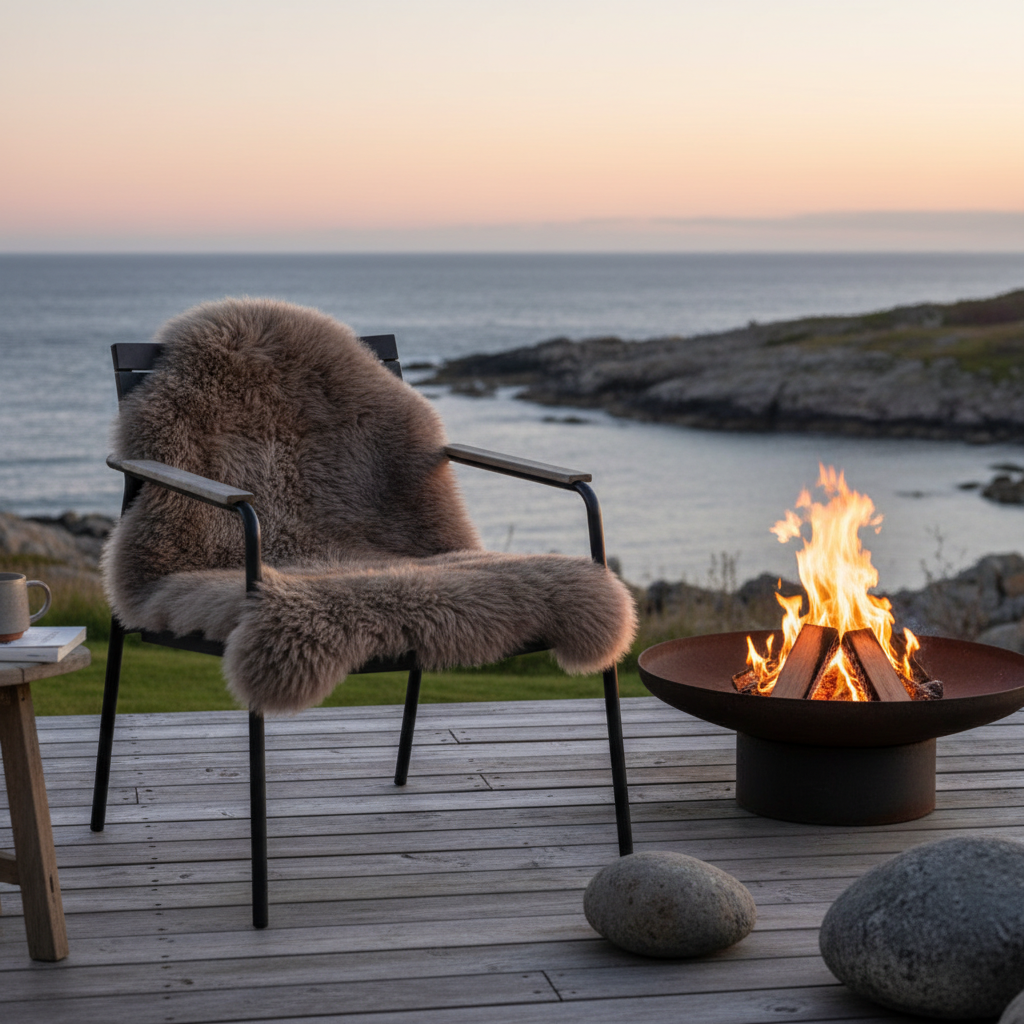 Grått saueskinn på stol ved bålpanne med havutsikt og kystlandskap