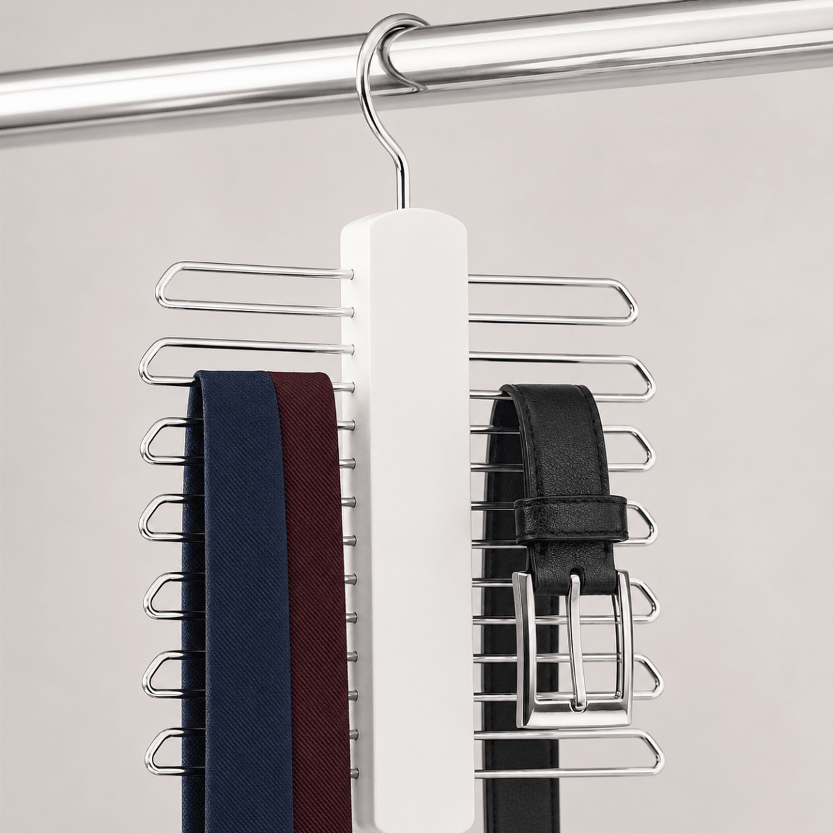 Kleshenger for slips og belter med metallkroker og roterbart oppheng – smart oppbevaring for organisert og plassbesparende garderobe.