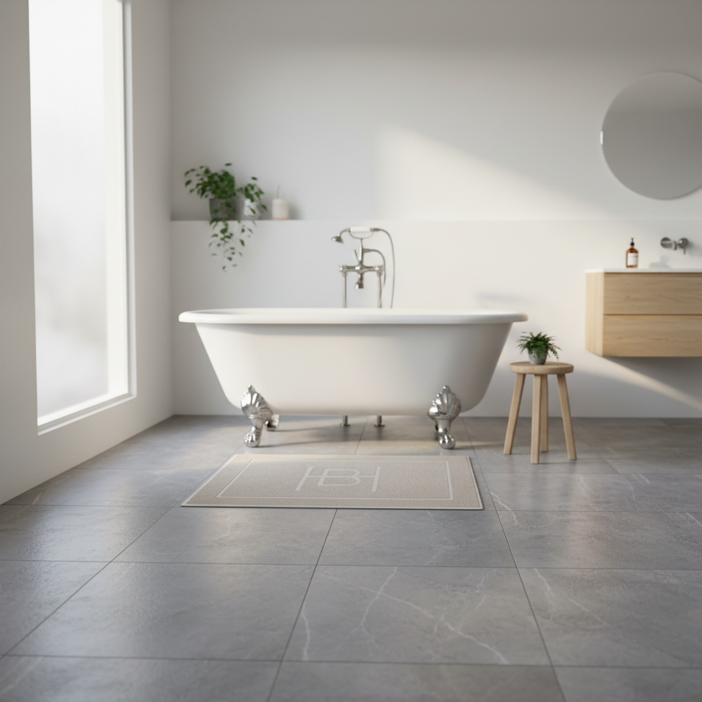 Nærbilde av Halvor Bakke badematte med diskret monogram