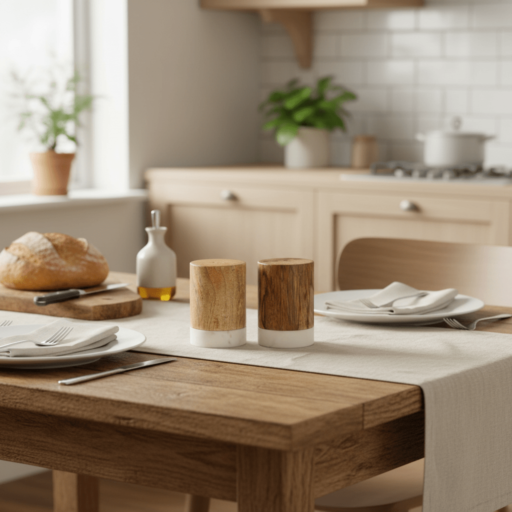 Krydderbeholdere i tre til salt og pepper med rund form