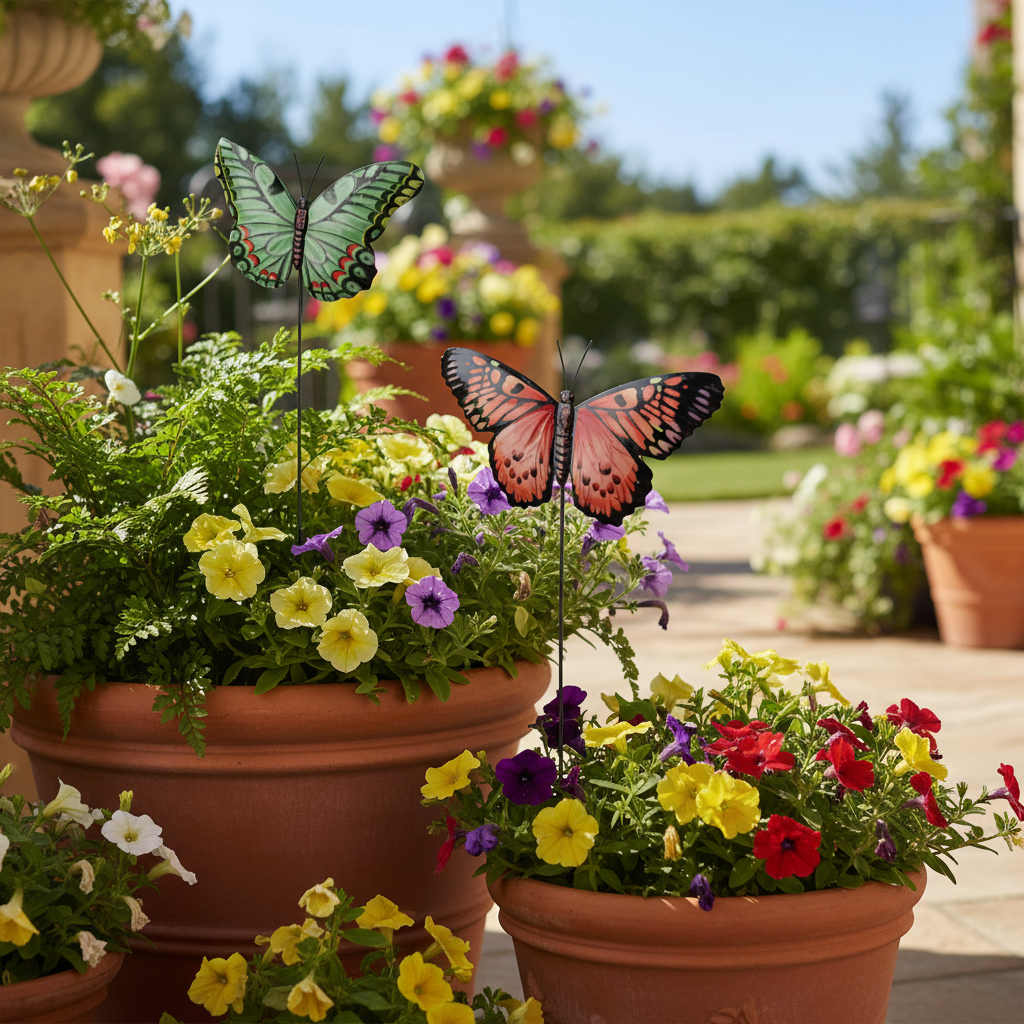 Dekorative sommerfugler på pinne til blomsterbed og krukker