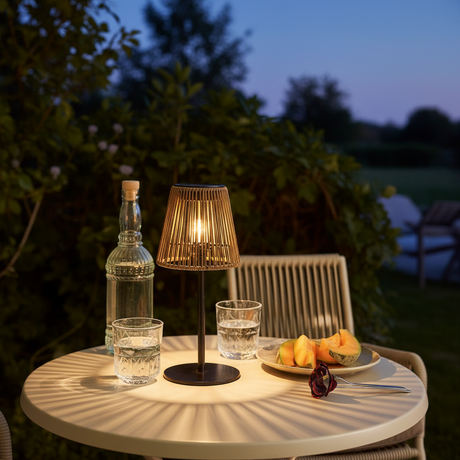 Salford bordlampe med solcelle i brun polyrattan og sort fot