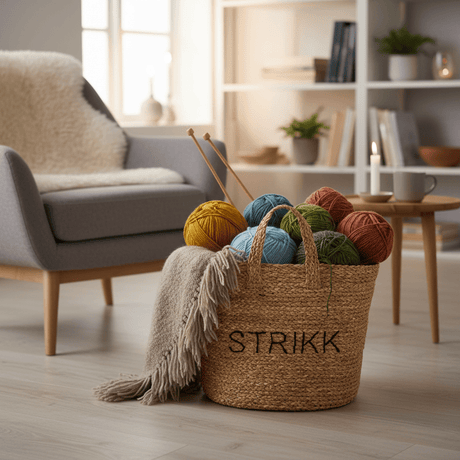 Strikkekurv i flettet materiale brukt til garn og strikketøy