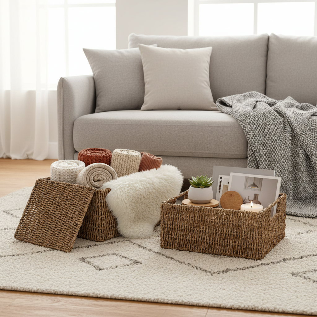 2-pk House Nordic Venoso oppbevaringskurver fylt med pledd og hjemmedekor - praktisk og stilfull oppbevaring i nordisk stil