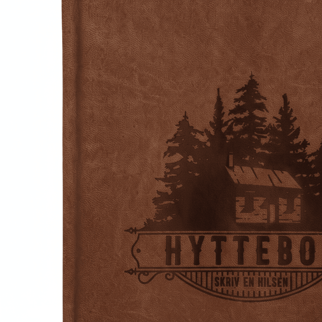 Hyttebok liggende ved peis i lunt hytteinteriør