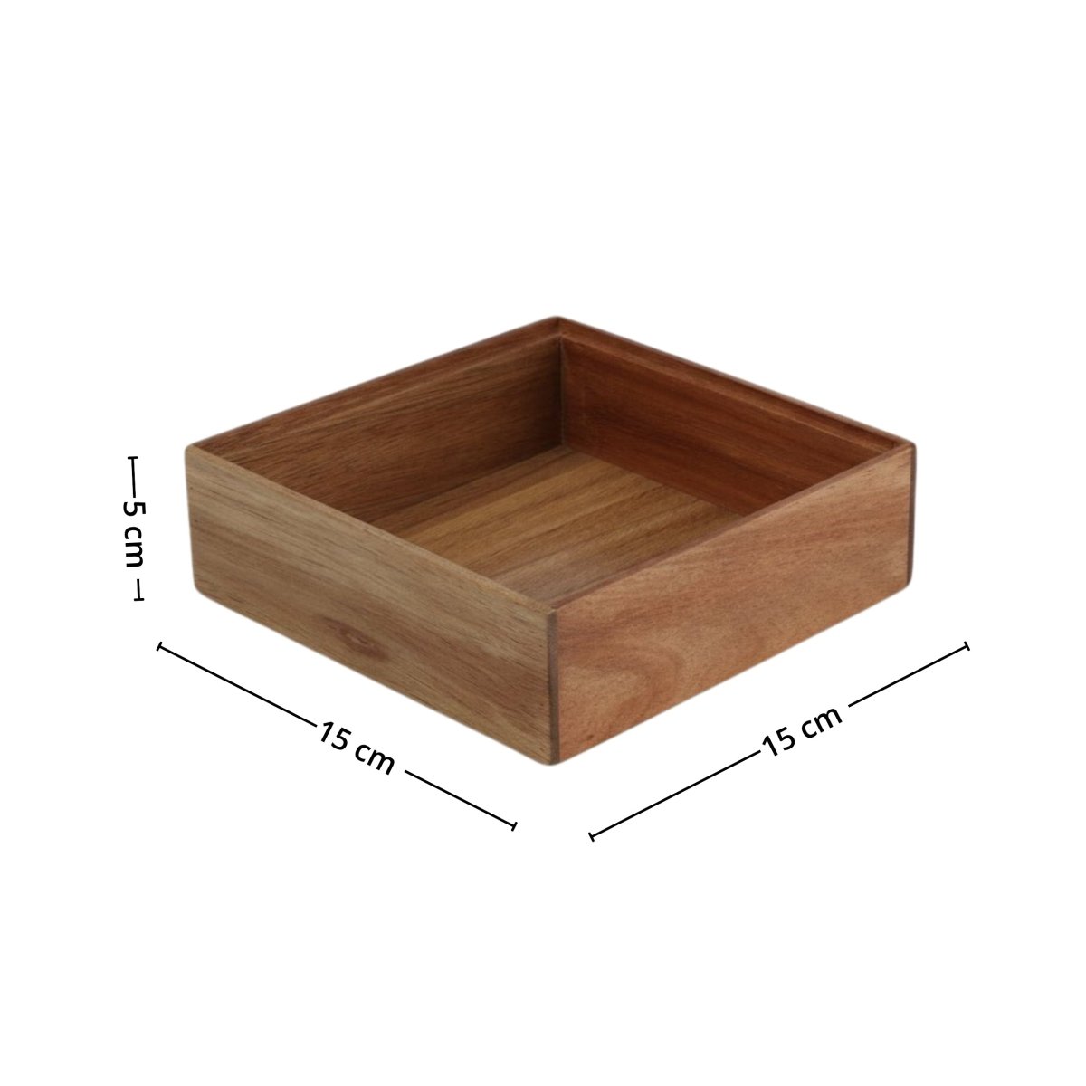 Målbilde av stabelbart organiseringsbrett i akasietre med størrelse 15 x 15 x 5 cm. - Lindas dekor