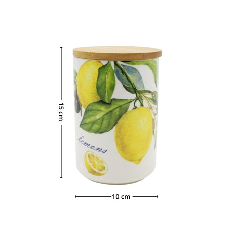 Målbilde av krukke med sitronmotiv i keramikk med størrelse 10 x 15 cm. - Lindas dekor