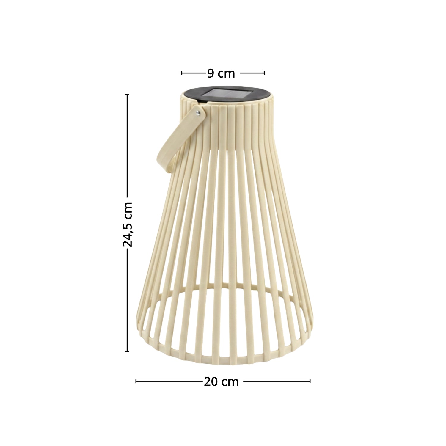 Beige solarlykt vist med mål for 20 cm bredde nederst, 9 cm bredde øverst og 24,5 cm høyde. - Lindas dekor