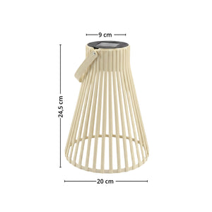 Beige solarlykt vist med mål for 20 cm bredde nederst, 9 cm bredde øverst og 24,5 cm høyde. - Lindas dekor