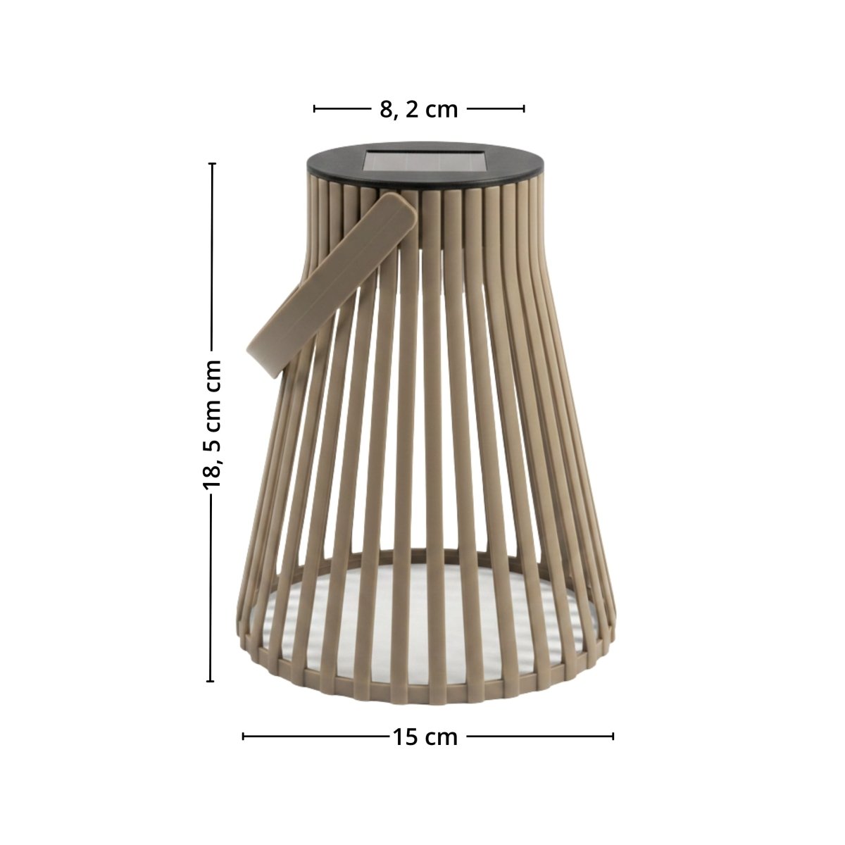 Brun solarlykt vist med mål for 15 cm bredde nederst, 8,2 cm bredde øverst og 18,5 cm høyde. - Lindas dekor 