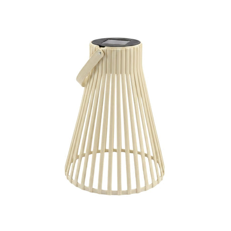 Beige solarlykt med spileformet design, håndtak og solcellepanel på toppen, vist mot hvit bakgrunn. - Lindas dekor