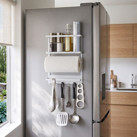 Hvid magnetisk hylle monteret på siden af et køleskab, organiseret med krydderglass, olje, køkkenpapir og køkkenredskaber i et lyst, moderne køkken.