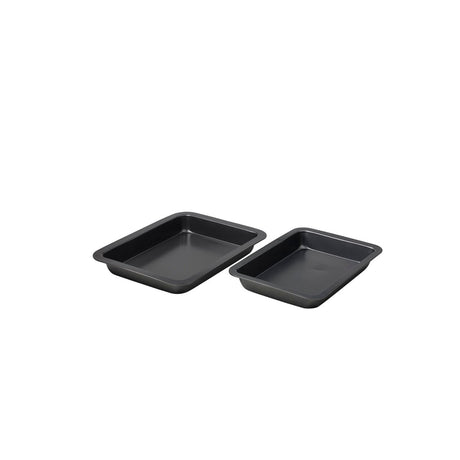 Långpannsset funktion, två mörkgrå långpanner med non-stick-belägg i två storlekar