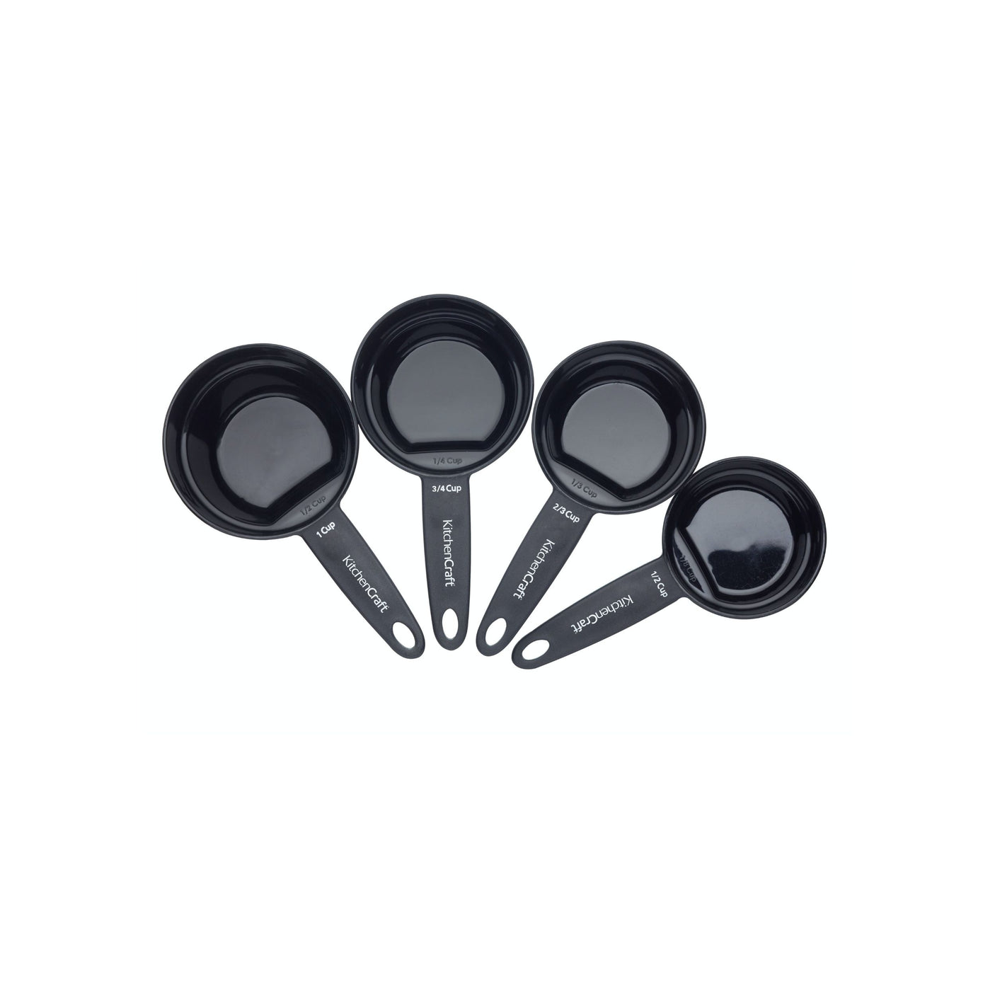 Sett med svarte KitchenCraft-målebeger i ulike størrelser, arrangert i vifteform på hvit bakgrunn.