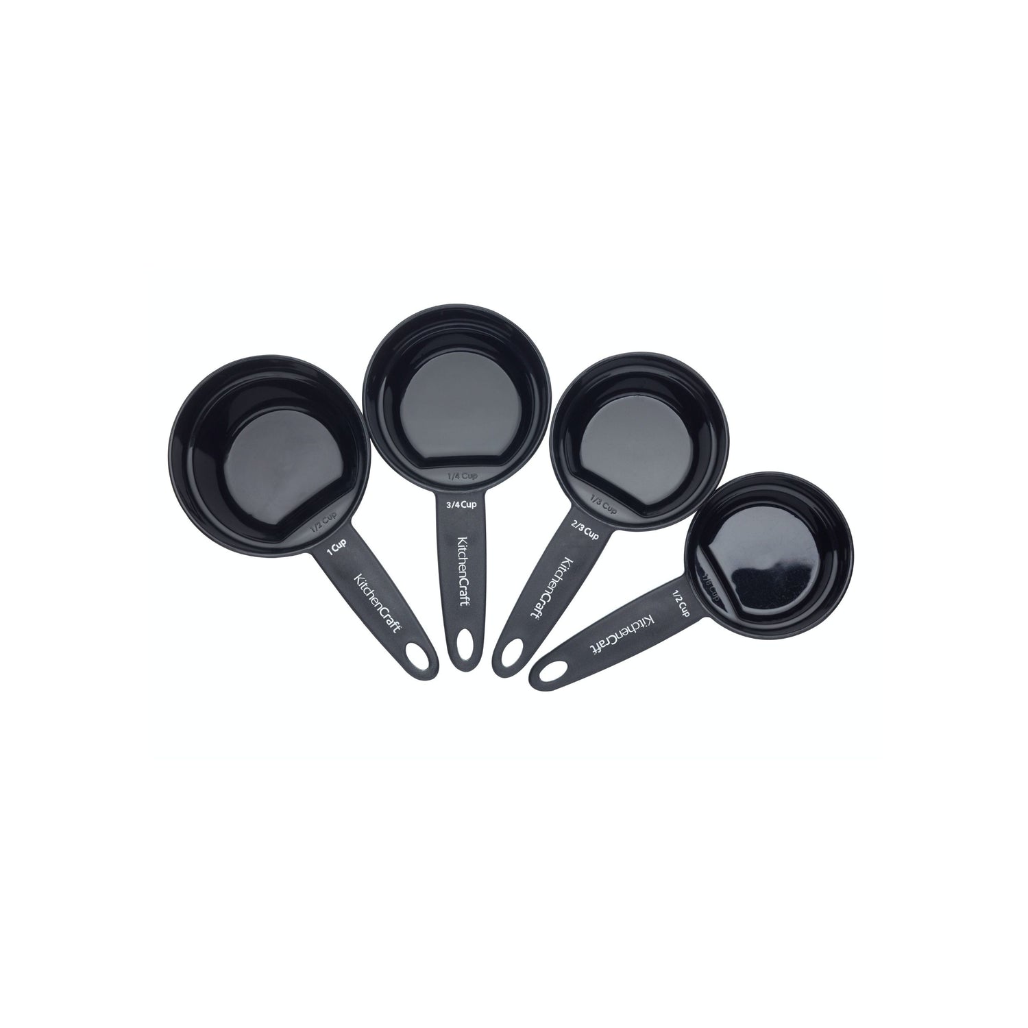 Sett med svarte KitchenCraft-målebeger i ulike størrelser, arrangert i vifteform på hvit bakgrunn.