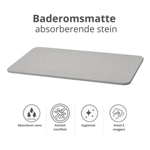 Baderomsmatte i absorberende diatomitt med produktfordeler og symboler