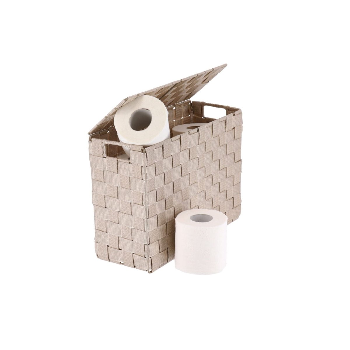 Beige stoffkurv sett fra siden på en hylle