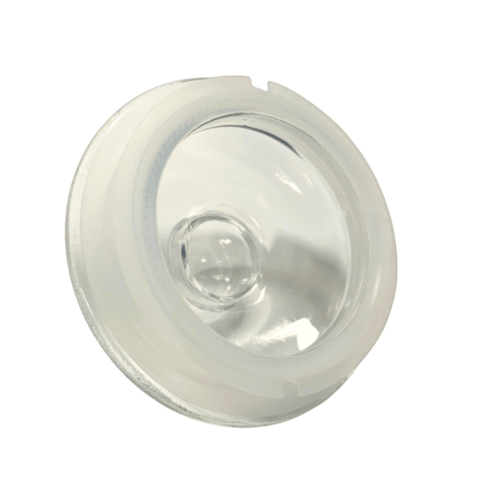 Gjennomsiktig glasslokk med hvit tetningsring, vist ovenfra på hvit bakgrunn.