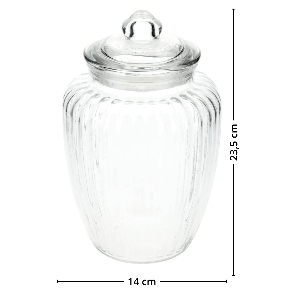 Gjennomsiktig, riflet glasskrukke med lokk, vist på hvit bakgrunn med mål: 23,5 cm høy og 14 cm bred.