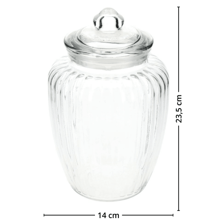 Gjennomsiktig, riflet glasskrukke med lokk, vist på hvit bakgrunn med mål: 23,5 cm høy og 14 cm bred.