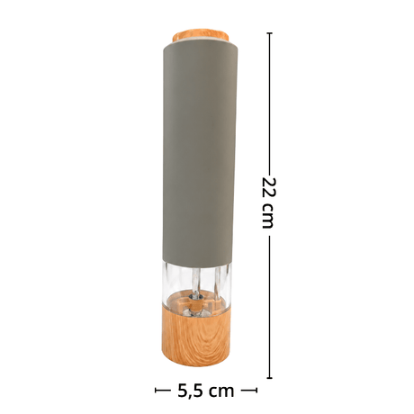 Elektrisk krydderkvern grå antrasitt med mål 22,3 cm høy og 5,5 cm i diameter.