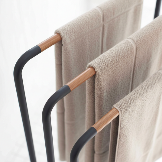 Sort Yamazaki håndklehenger i stål med tredetaljer, moderne design