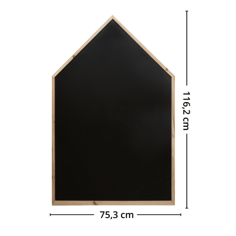 Husformet krittavle for barn med mål 75,3 x 116,2 cm og ramme i naturtre.