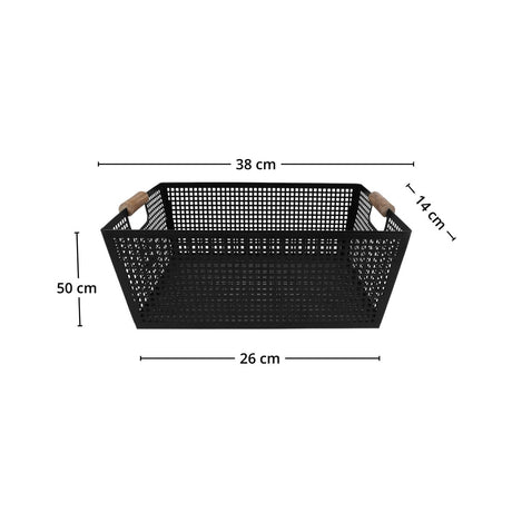 Oppbevaringskurv med håndtak i sort metall og tre 38 x 26 x 14 cm - Lindas Dekor Oppbevaringskurv