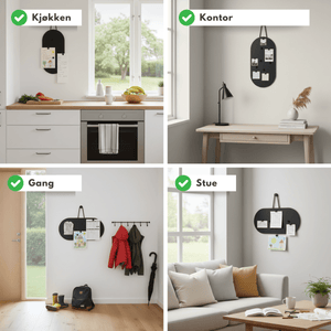 Kollasj som viser den sorte oppslagstavlen brukt til notater, bilder og tegninger i flere rom i hjemmet. - Lindas dekor 