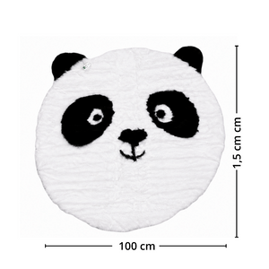 Rundt pandateppe i svart og hvitt med mål på 100 cm i diameter og cirka 1,5 cm høyde, formet som et pandaansikt med ører.