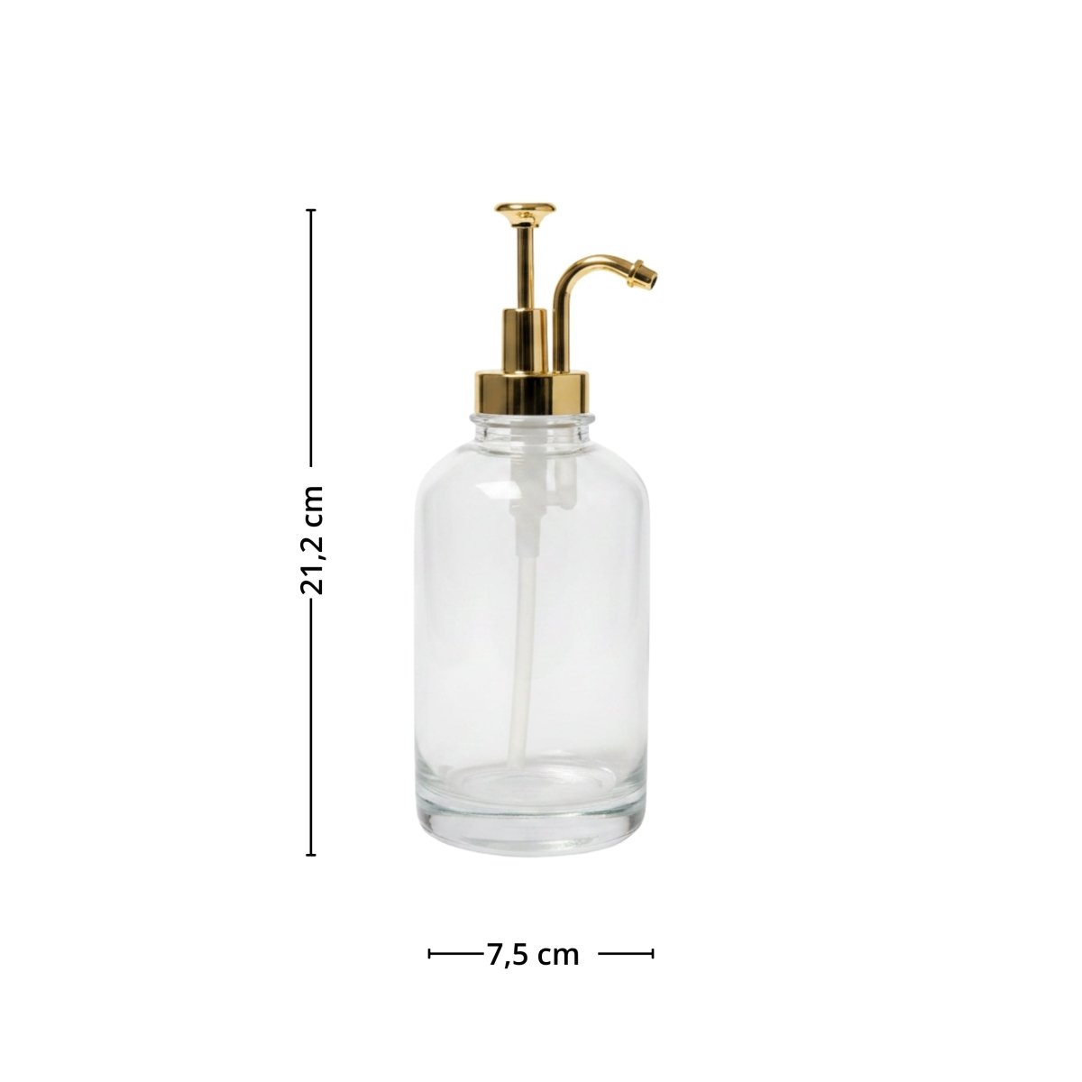 Produktbilde av sirupdispenser i klart glass med gullpumpe på hvit bakgrunn. - Lindas dekor