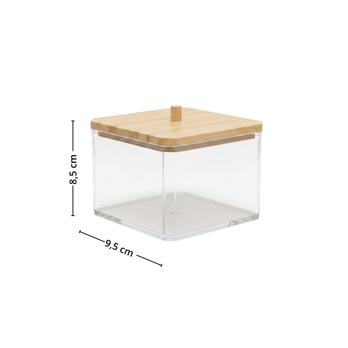 Oppbevaringsboks med bambuslokk vist med mål på 9,5 x 8,5 cm. - Lindas dekor